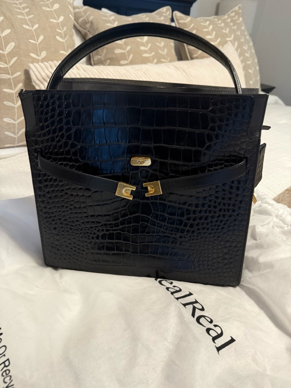 Tory Burch Black Croc-Embossed Top-Handle Tote Gold Hardware - Lee Radziwill